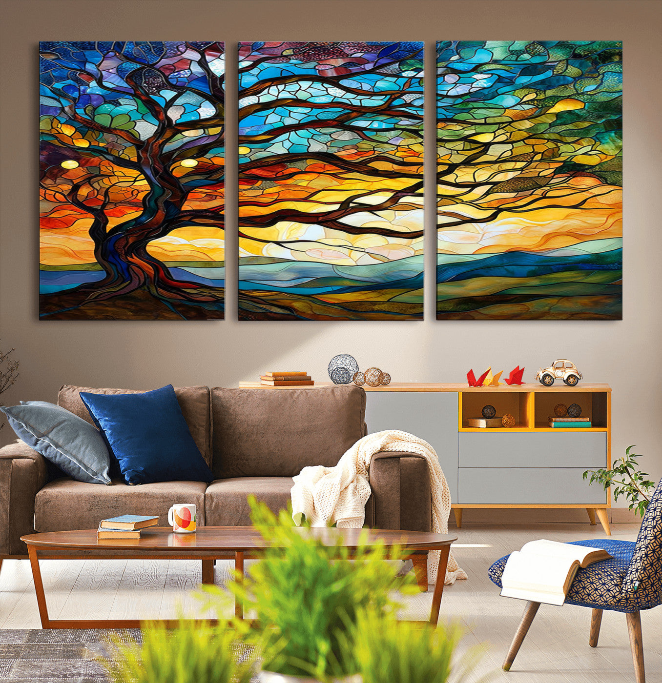 MGV-CV-60X30-3P - Mosaic Tree Wall Art | Ready to Hang Stained Glass Style Canvas Print | Farmhouse Wall Decor, Cabin