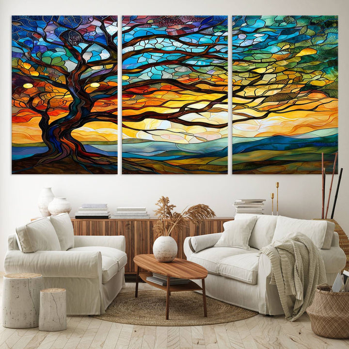 Mosaic Tree Wall Art | Ready to Hang Stained Glass Style Canvas Print | Farmhouse Wall Decor, Cabin Wall Art, and Unique Nature Home Decor