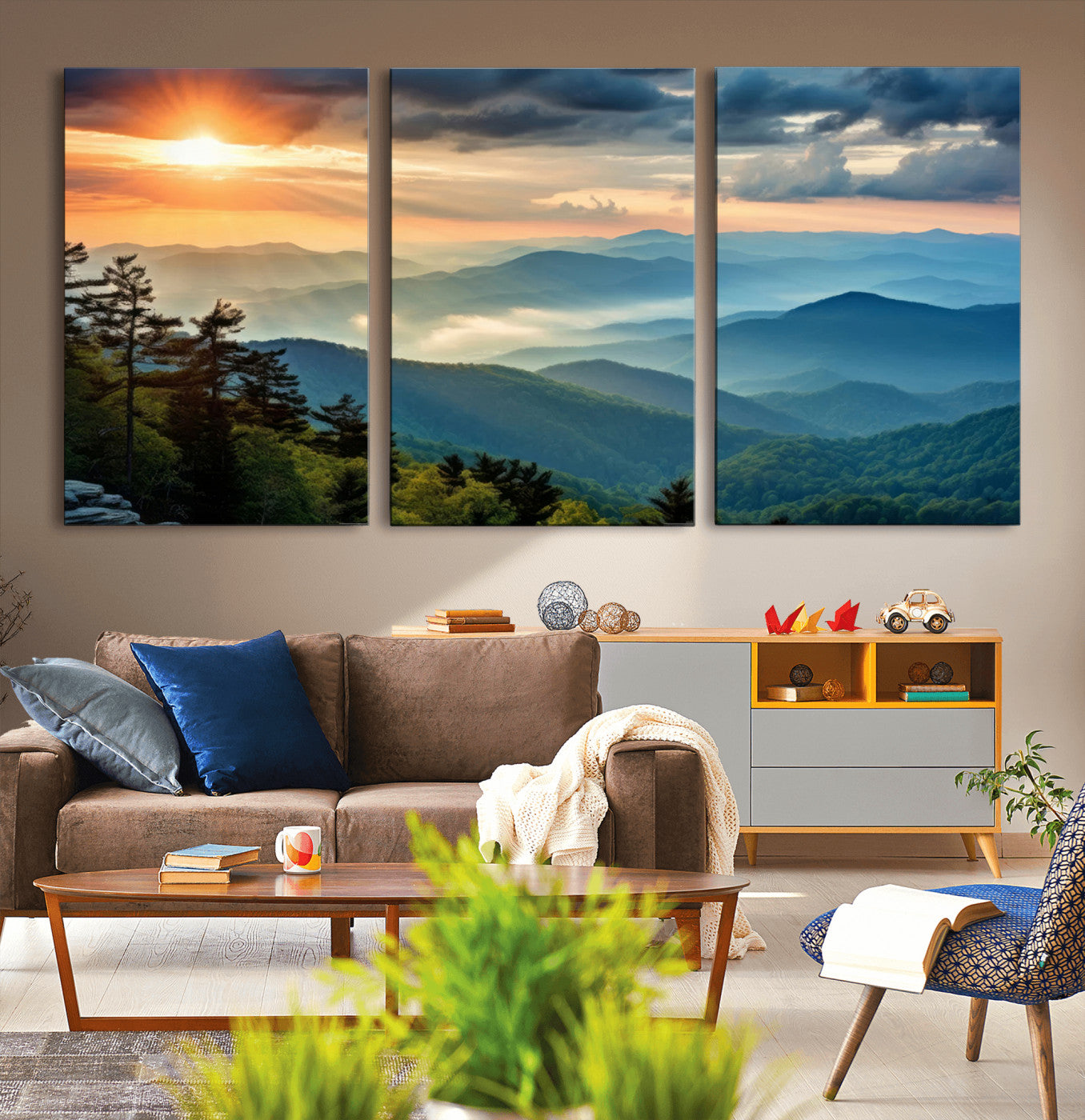 MGV-CV-60X30-3P - Sunrise Over Mountain Range Wall Art Canvas Print, Farmhouse Wall Decor, Cabin Wall Art