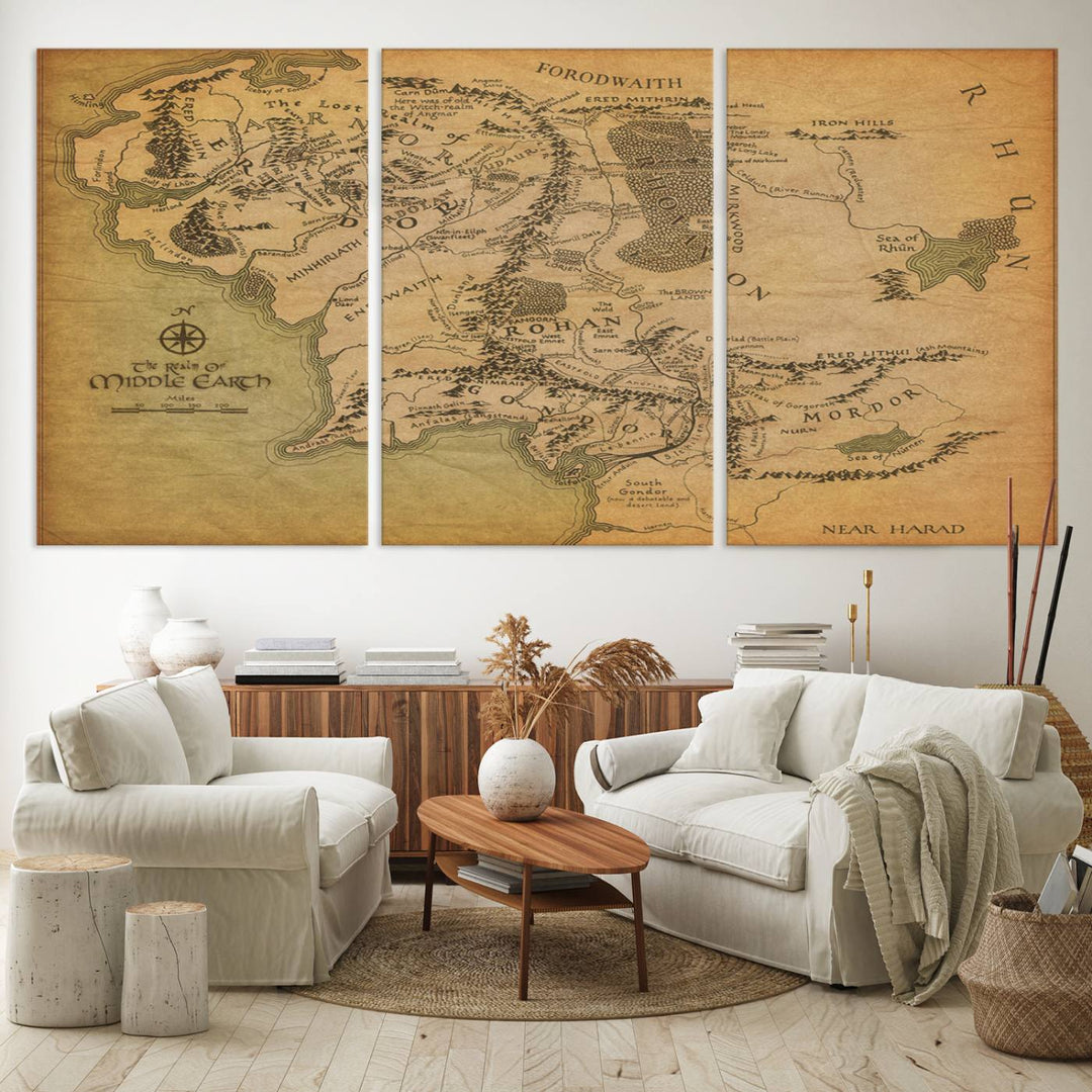 Vintage J.R.R. Tolkien Middle-Earth Map 3 Panel Canvas, perfect as wall art for home or office decor.