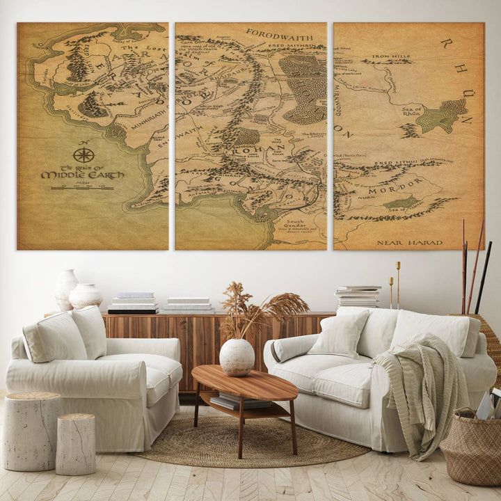 Vintage J.R.R. Tolkien Middle-Earth Map 3 Panel Canvas, perfect as wall art for home or office decor.