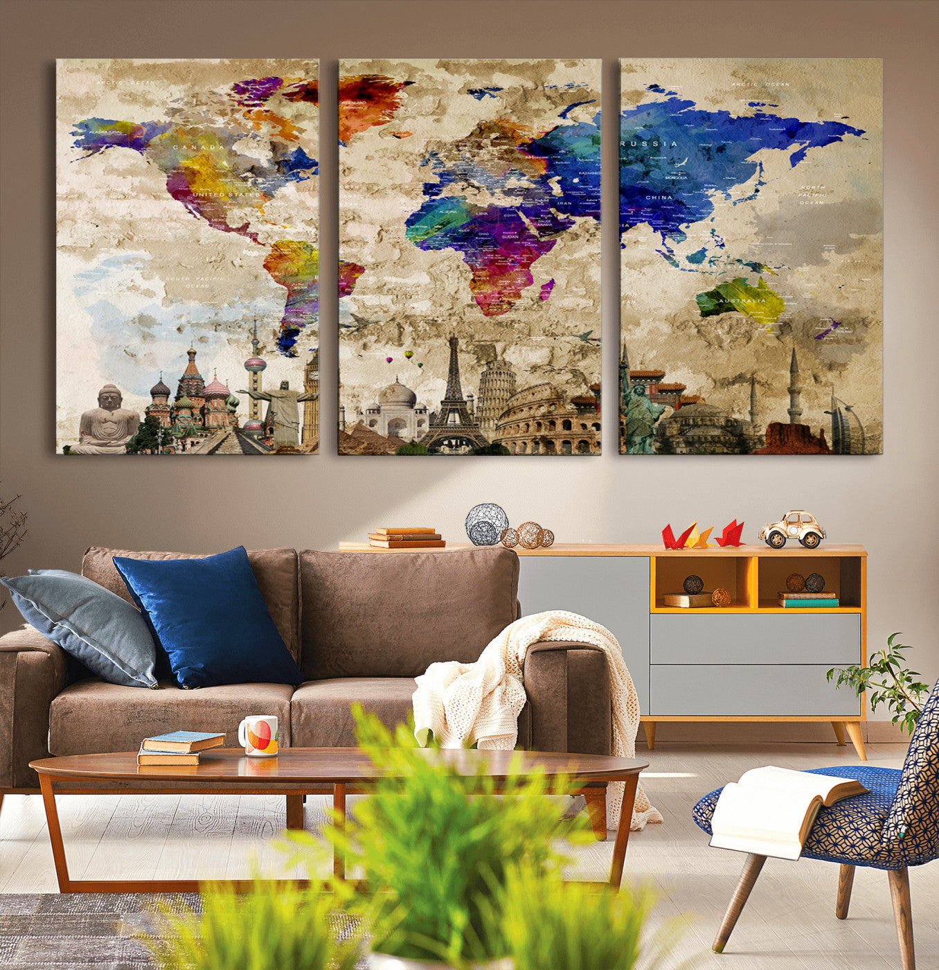 MGV-CV-60X30-3P - Push Pin World Map Canvas Print – Framed Wall Art for Couples to Track Their Travels – Anniversary