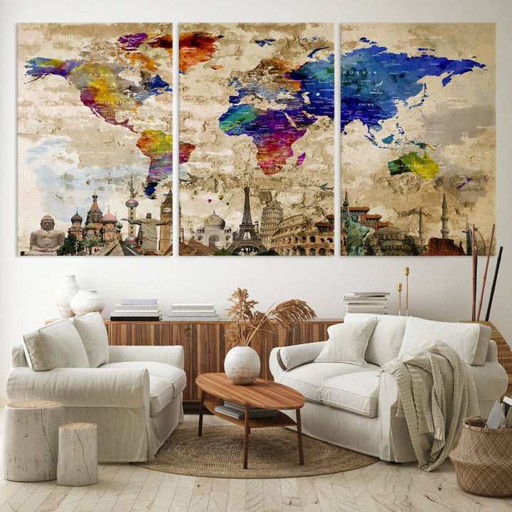 Artistic world map featuring landmarks like the Eiffel Tower, printed on premium wall art for office or living space.