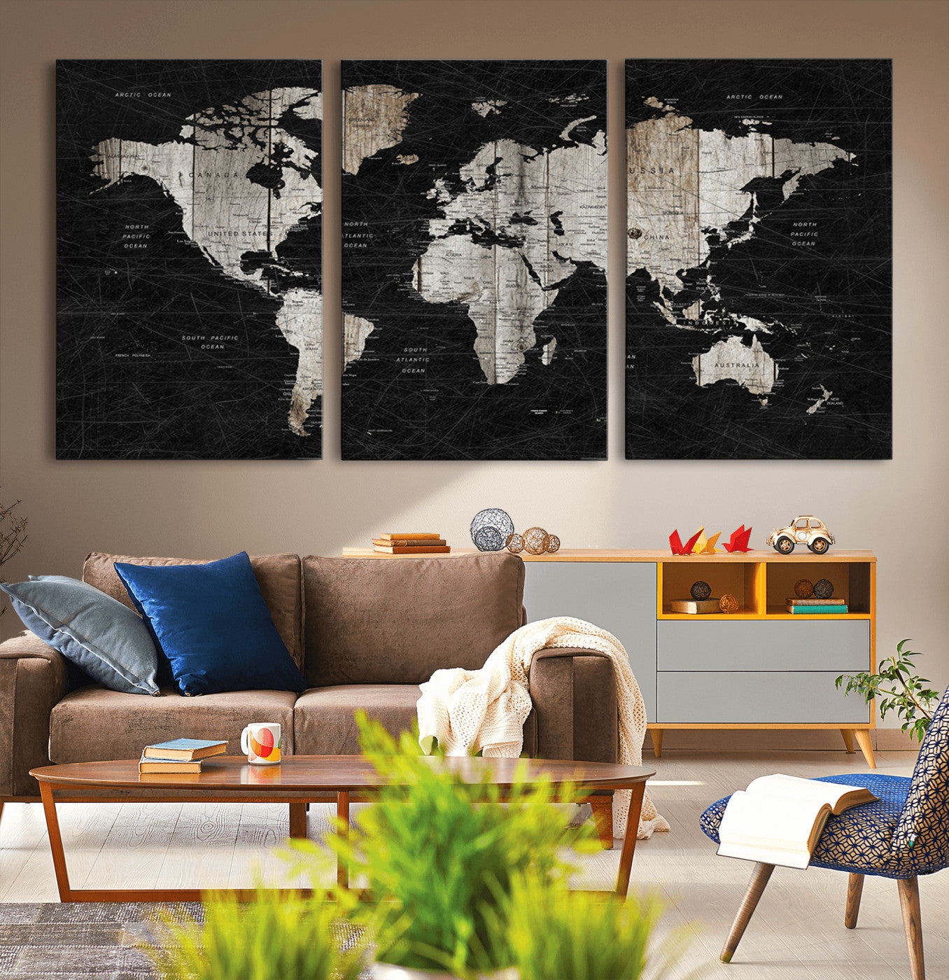 49500-MGV-CV-36X24-Push Pin World Map Canvas Print – Framed Travel Map Wall Art for Couples, Anniversary Gift, Modern Home or Office Decor