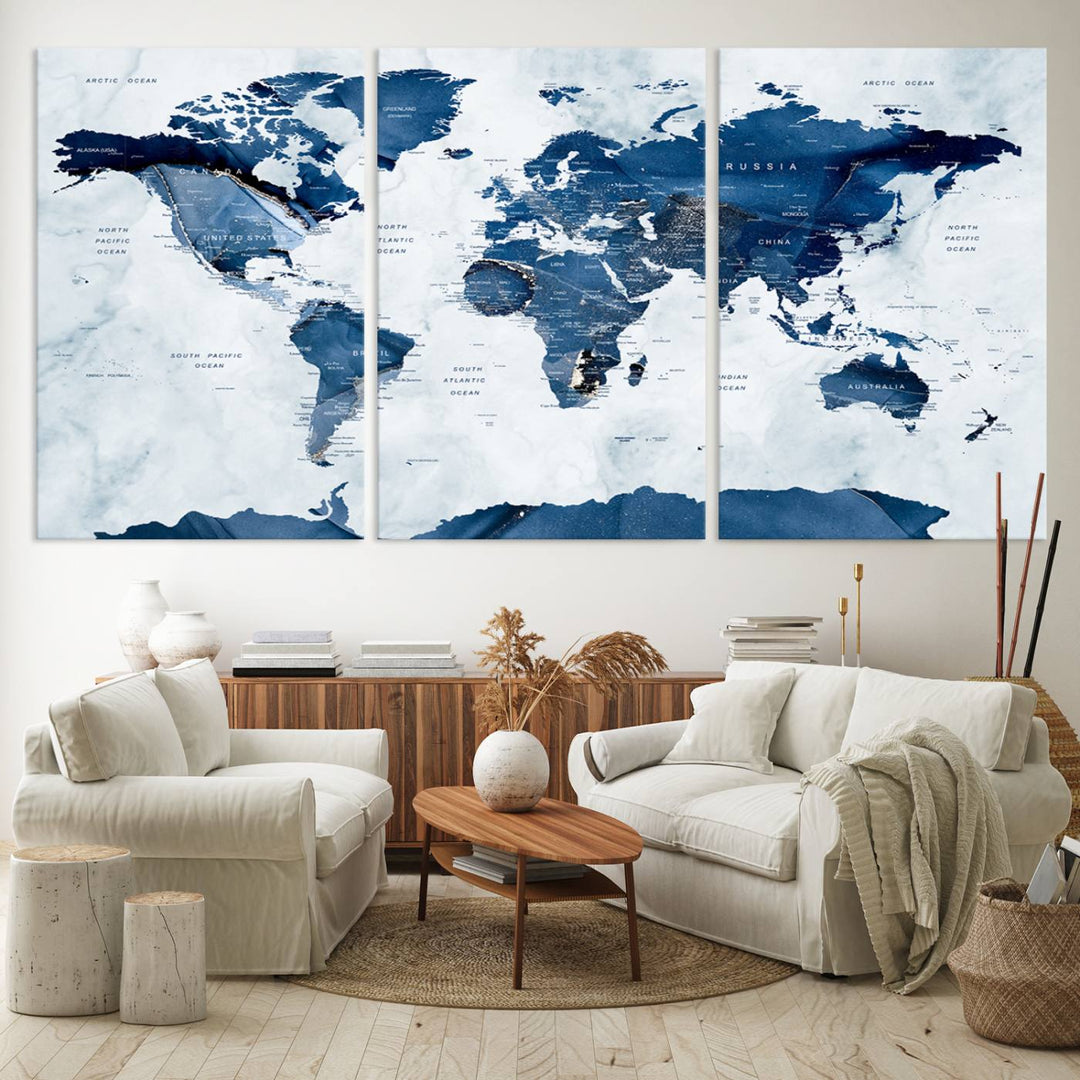 Navy Blue World Map with Antarctica Canvas: A perfect abstract home decor piece featuring a grunge-stained background.