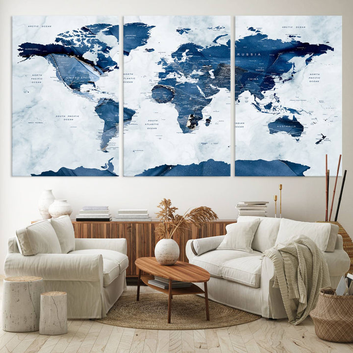 Blue and white watercolor World Map Wall Art Canvas Print, perfect for enhancing decor.