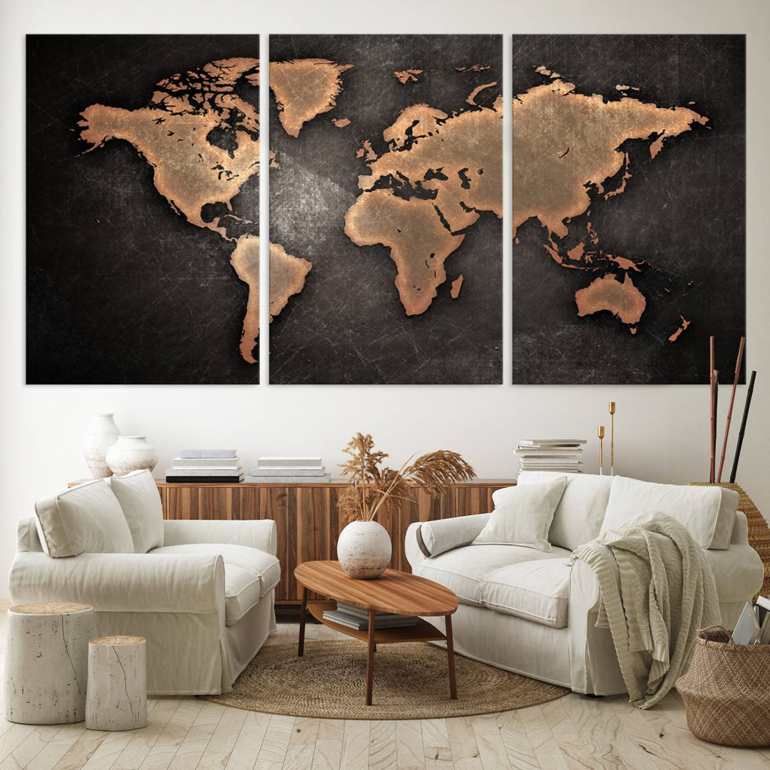 Maroon World Map Wall Art: Copper continents on a grunge-stained canvas, ideal for enhancing your decor.