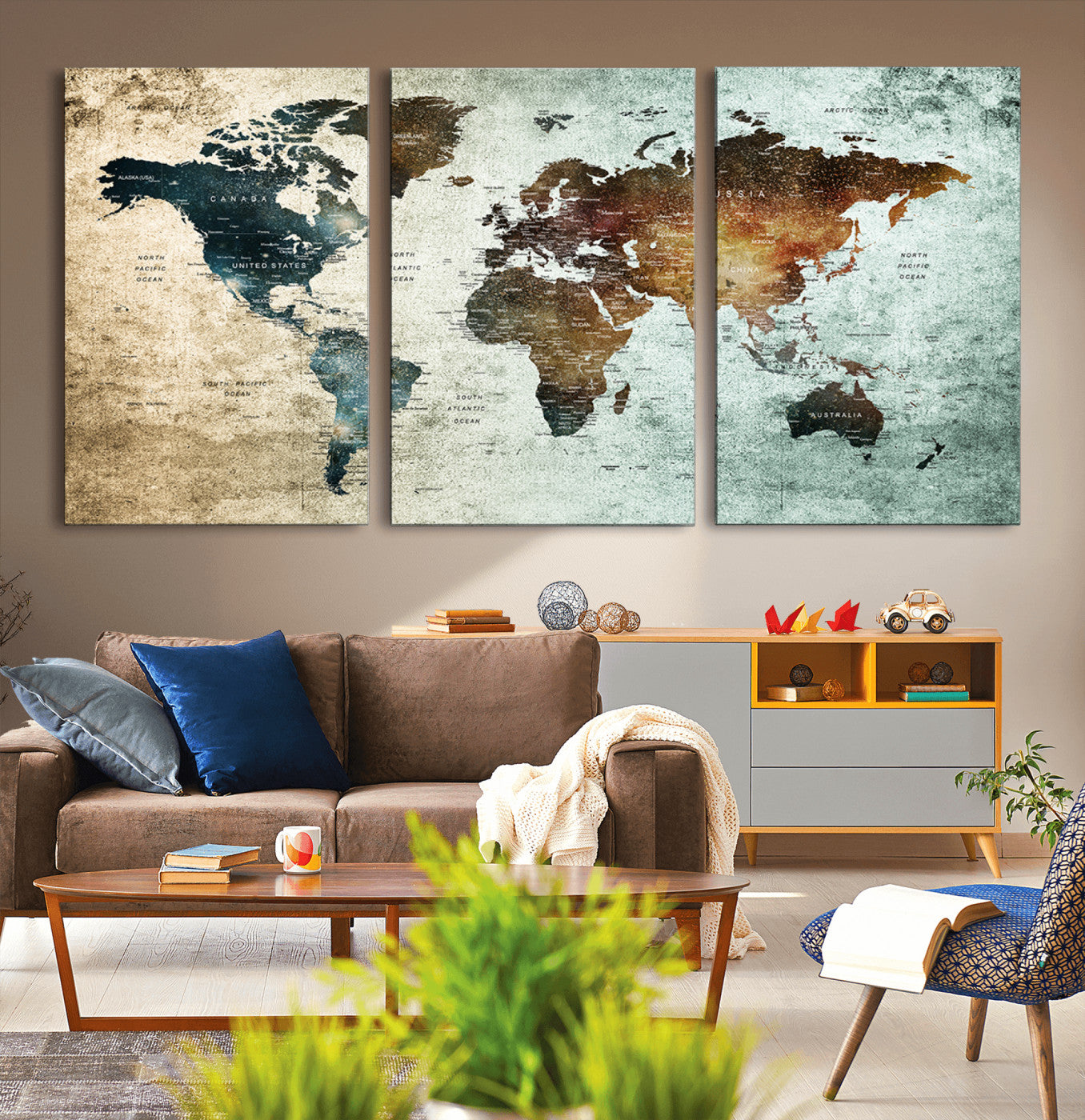 25140-MGV-CV-36X24-World Map Canvas Print – Framed Vintage Style Push Pin Wall Art, Elegant Travel Map Decor for Home or Office