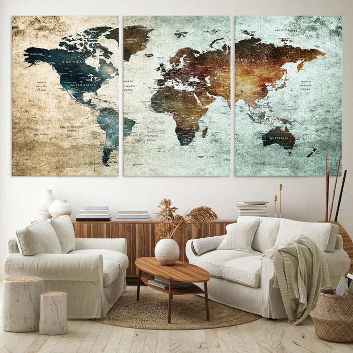 The Push Pin World Map Canvas Print serves as an ideal piece of wall art for travel lovers, showcasing vibrant colors and intricate details.