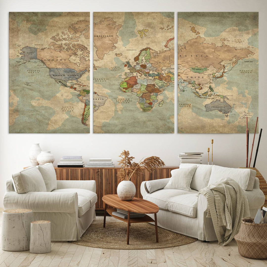 Vintage World Map Canvas Wall Art – Antique Triptych Map Print – Rustic Global Decor for Living Room or Office – Ready to Hang