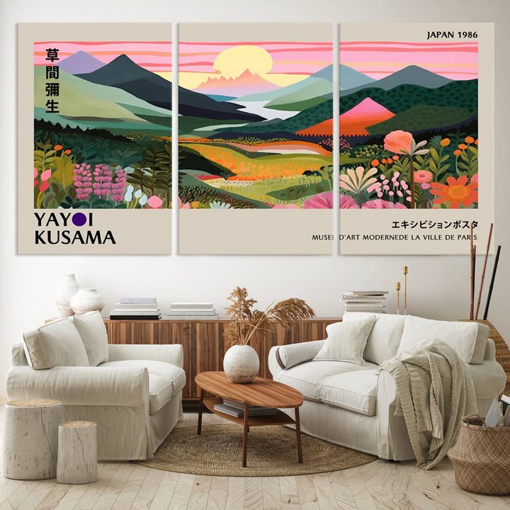 Vibrant abstract landscape canvas with mountains and fields, titled Yayoi Kusama 1986 Wall Art Print.