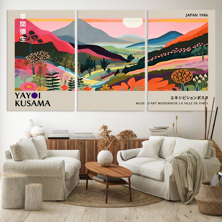 Vibrant abstract landscape canvas inspired by Yayoi Kusama, featuring mountains, trees, and flowers in a triptych style.