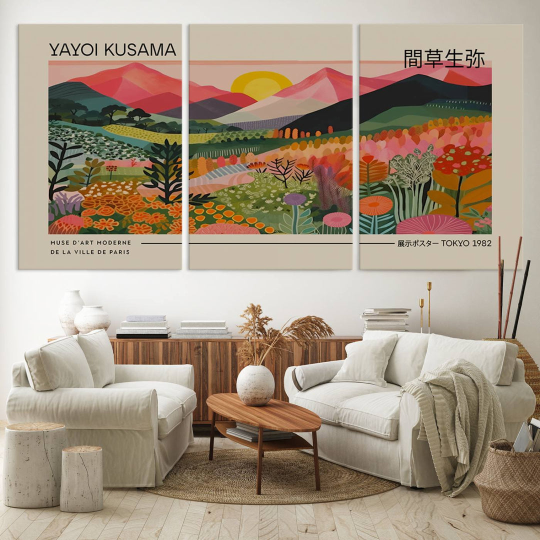 A vibrant abstract triptych features mountains, a sun, and plants in Yayoi Kusamas style with Japanese and French text included.