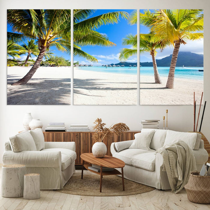 Blue Beach and Sea Wall Art Canvas Print: showcases a tropical scene with palm trees, white sand, and turquoise water.