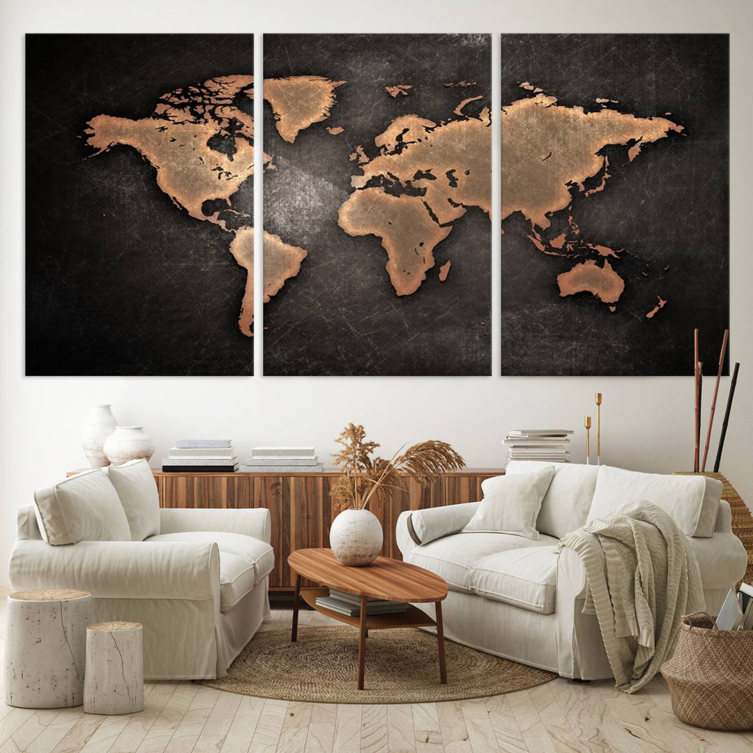 The Modern World Map on a metallic black canvas creates a striking effect.