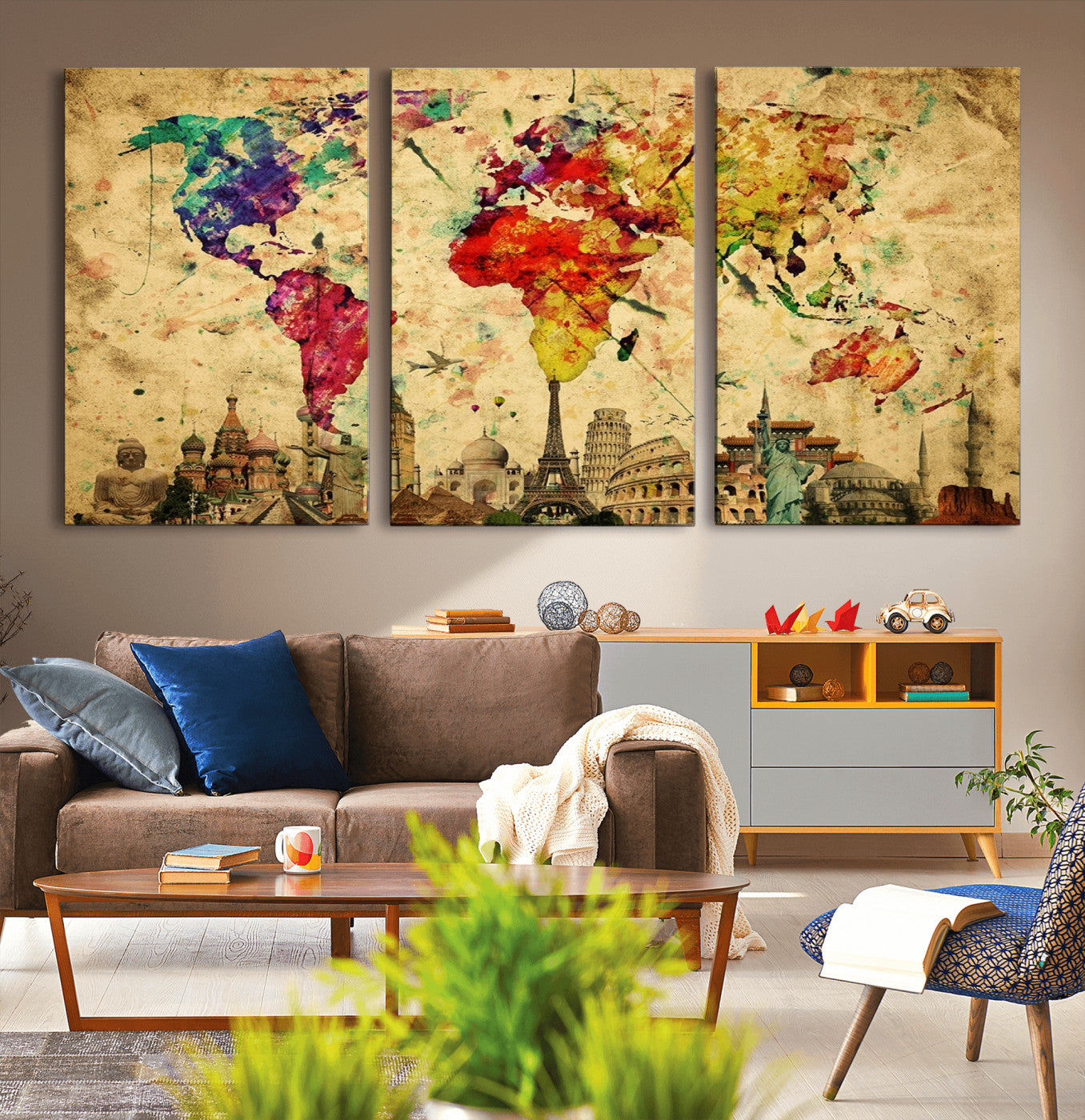 24467-MGV-CV-36X24-Colorful Watercolor World Map Canvas Wall Art – Framed Landmark Travel Map Print, Vibrant Global Artwork for Home and Office Decor