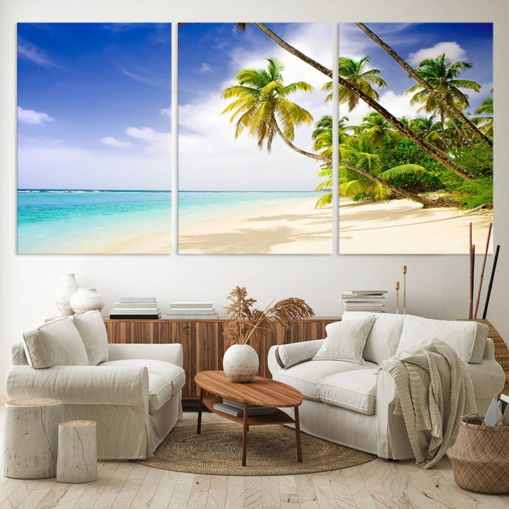 Tropical Beach Canvas: Palm Trees & White Sand Shore Decor, Vibrant Coastal Print, Ready to Hang.