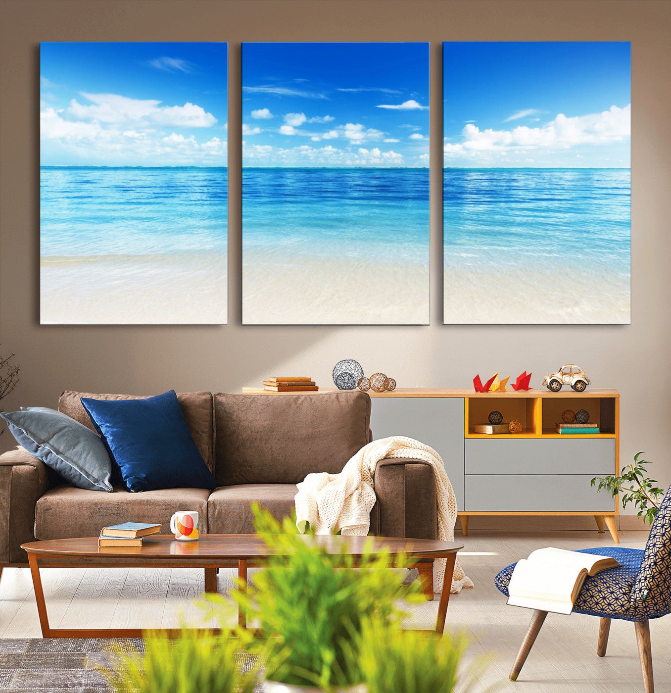 MGV-CV-60X30-3P - Beach Scene Canvas Wall Art Print – Tranquil Ocean Horizon and White Sand Beach Wall Decor for Home
