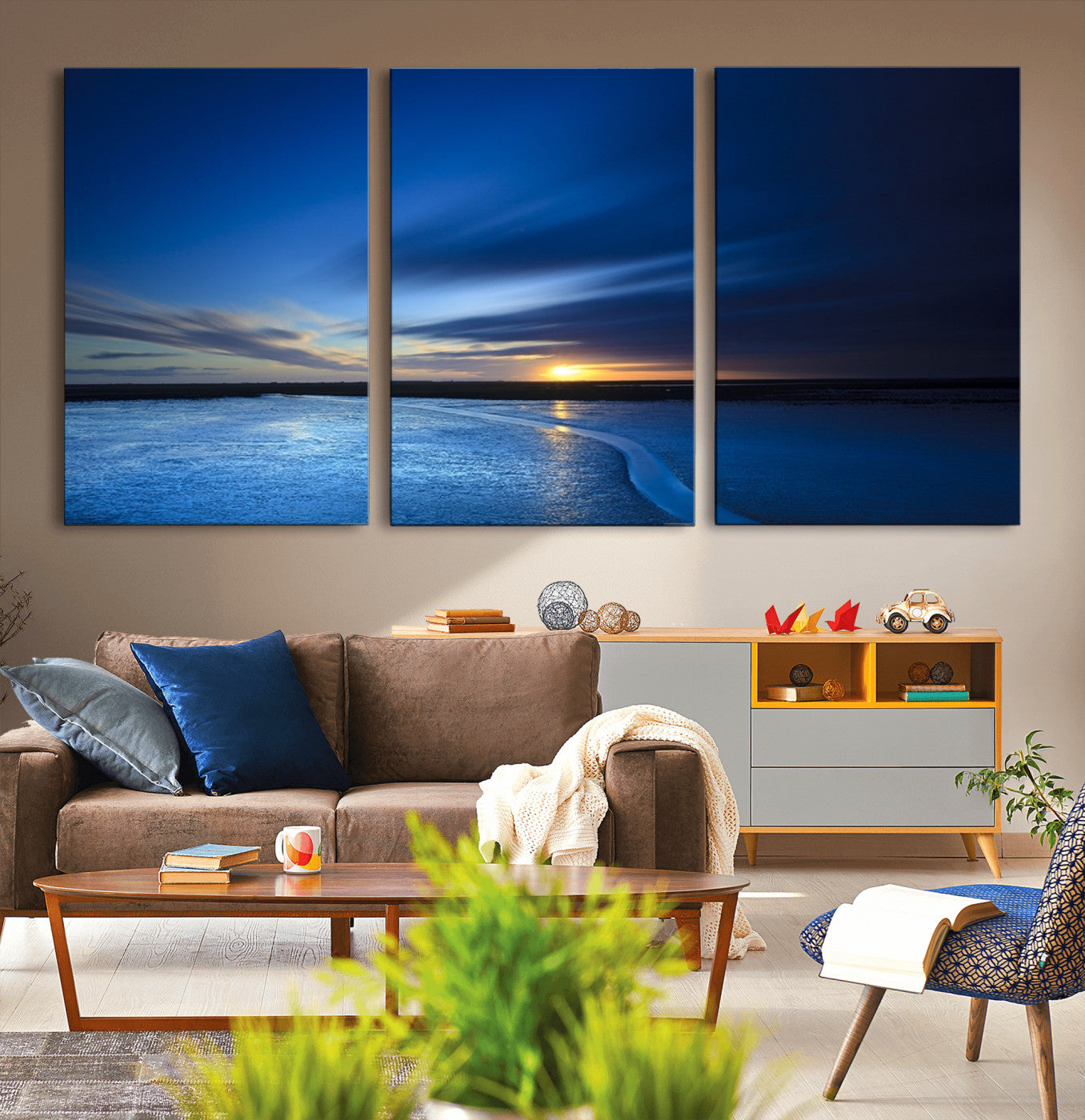 MGV-CV-60X30-3P - Blue Sunset Ocean Canvas Wall Art Print – Serene Coastal Horizon Wall Decor for Home or Office –