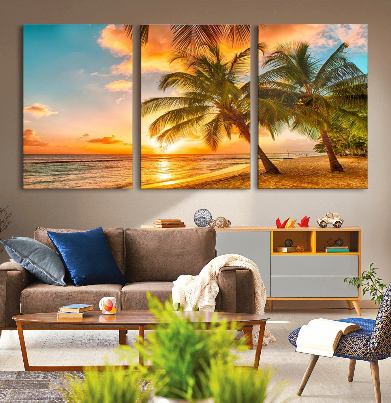 -Tropical Sunset Beach Canvas Wall Art Print – Vibrant Palm Trees and Coastal Sunset Wall Decor for