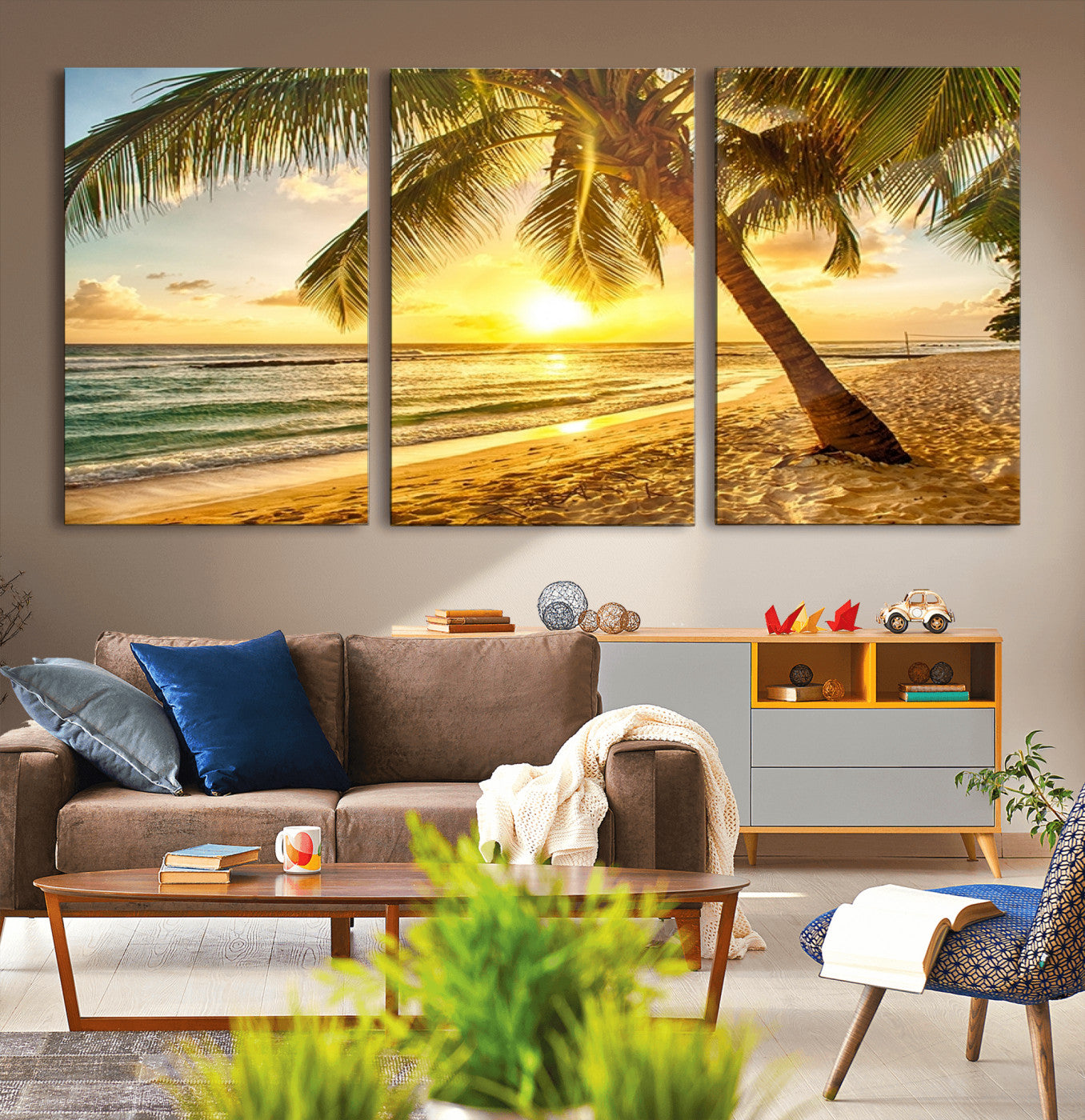 MGV-CV-60X30-3P - Beach Sunset Canvas Wall Art Print - Tropical Beach Canvas Wall Art Print – Vibrant Palm Trees and