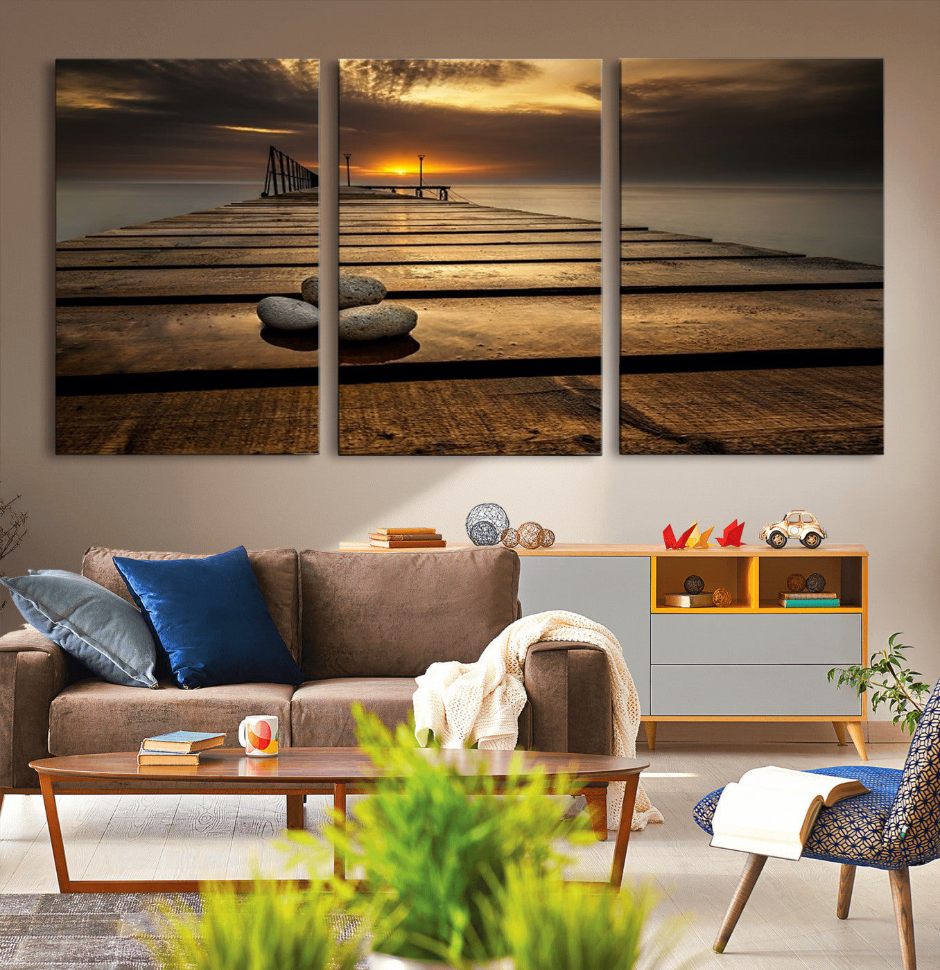 MGV-CV-60X30-3P - Stones on Wooden Pier at Sunset Canvas Print, Serene Coastal Wall Art, Beach Sunset Photography,