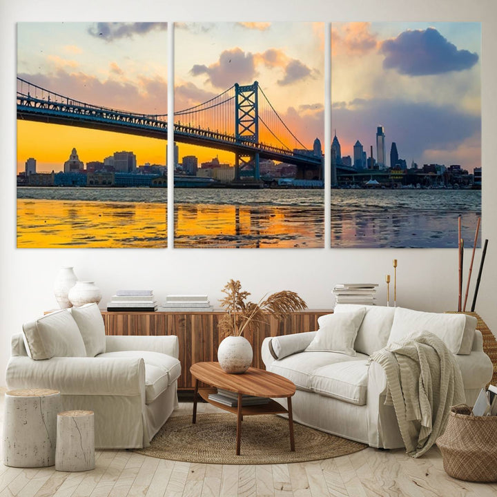 Ben Franklin Bridge Wall Art Print – Philadelphia Skyline Sunset Canvas Wall Art Canvas Print – Giclee City for Dining Room, Office or Living Room