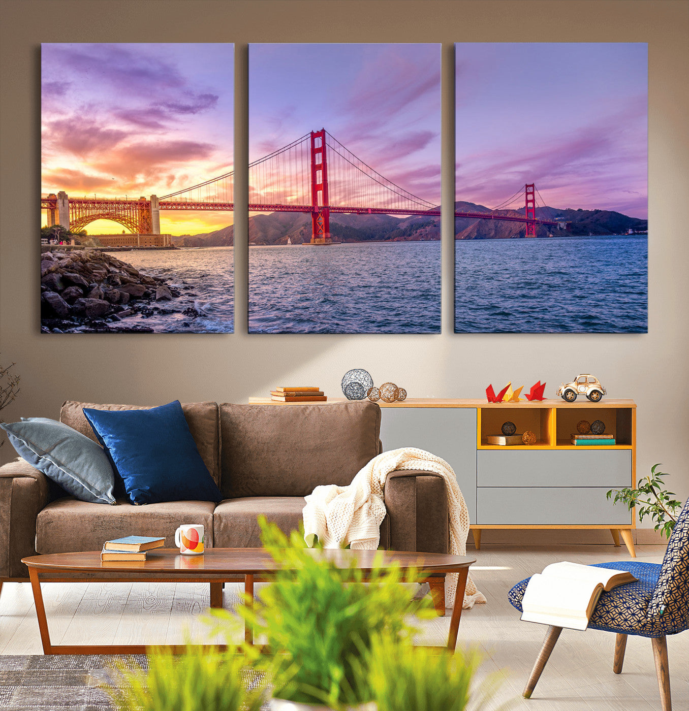 MGV-CV-60X30-3P - Golden Gate Bridge Wall Art Print, San Francisco Sunset Canvas Wall Art, Cityscape Canvas Print for