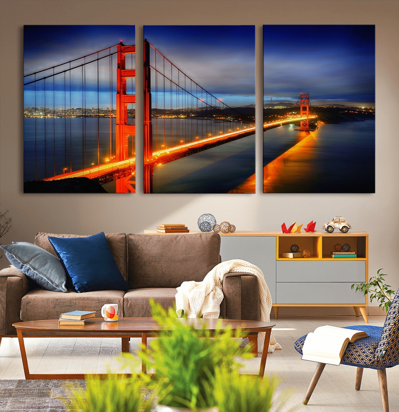 MGV-CV-60X30-3P - Large Wall Art San Francisco Canvas Print - Wonderful Golden Gate Bridge at Twilight