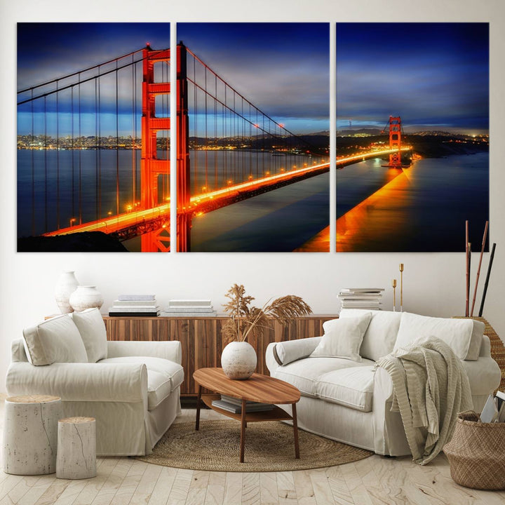 The living room features a large San Francisco canvas art piece—a stunning triptych of the Golden Gate Bridge at twilight, known as the "Large Wall Art San Francisco Canvas Print - Wonderful Golden Gate Bridge at Twilight.