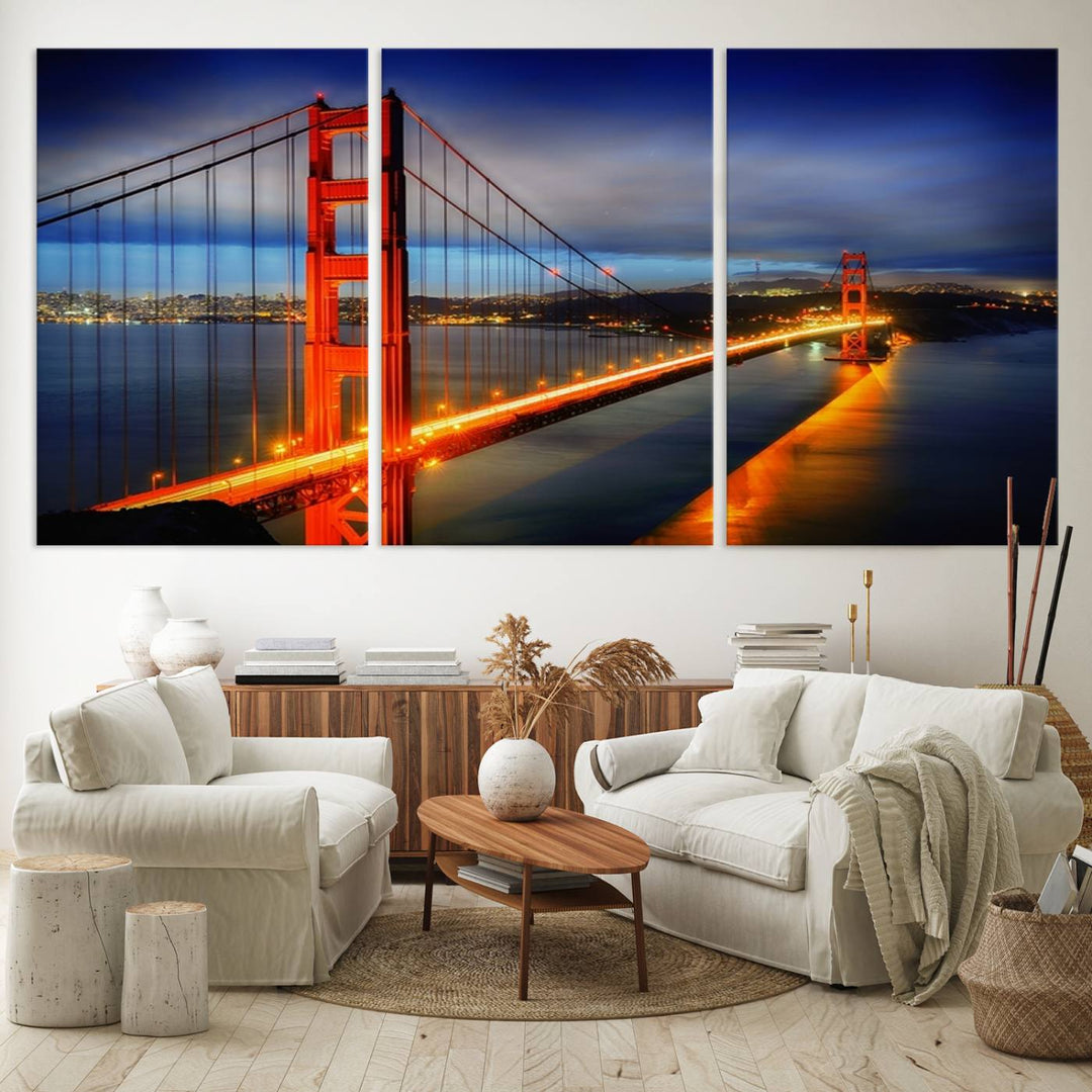 A large wall art San Francisco canvas print of the Golden Gate Bridge at twilight is displayed on a porch.