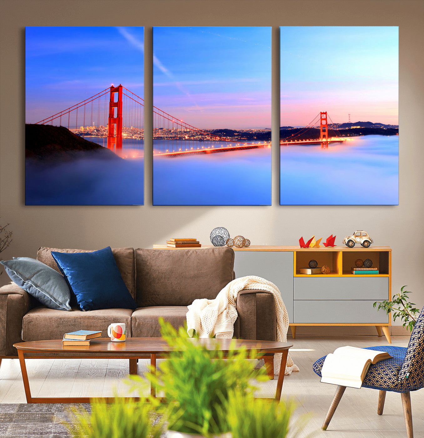 MGV-CV-60X30-3P - Golden Gate Bridge Wall Art Print, San Francisco Sunset Canvas Wall Art, Cityscape Canvas Print for