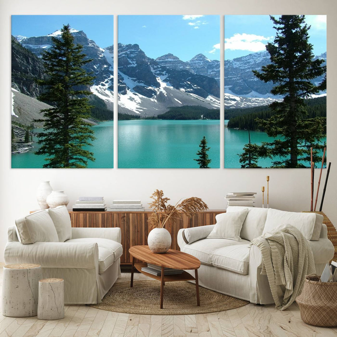 Canadian Rockies Moraine Lake Landscape Canvas Print showcasing a turquoise lake and mountain view.