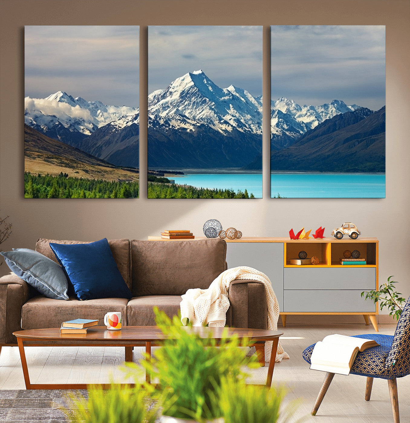 MGV-CV-60X30-3P - Mount Cook and Lake Pukaki Canvas Wall Art Print – Majestic Snow-Capped Peaks and Serene Lake Wall