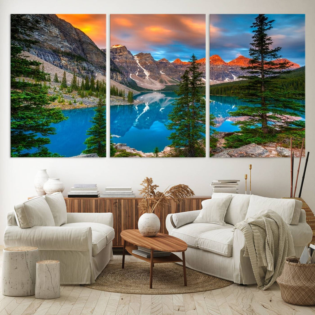 A kitchen featuring a Canadian Rockies Moraine Lake Wall Art Canvas Print displayed on the wall.