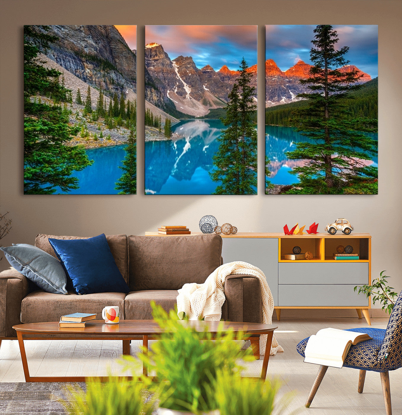 MGV-CV-60X30-3P - Canadian Rockies Moraine Lake Wall Art Canvas Print, Pine Trees Mountain Spring Canvas Print