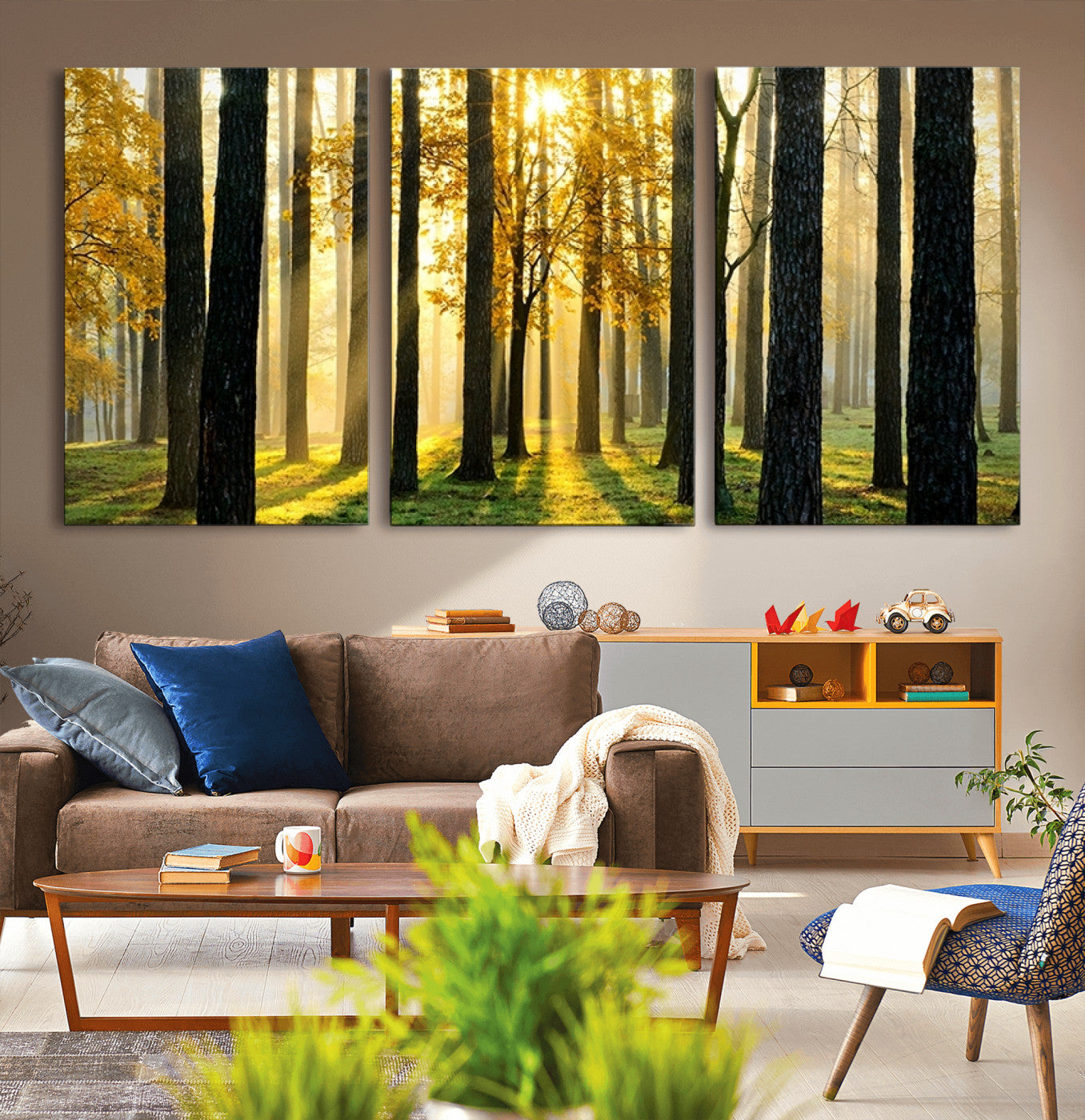 -Sunlit Forest Canvas Wall Art – Serene Woodland Triptych Landscape Print – Nature-Inspired Decor for