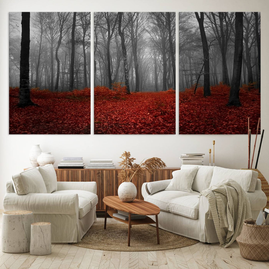 A large, museum-quality canvas print titled Wonderful Forest with Red Leaves.