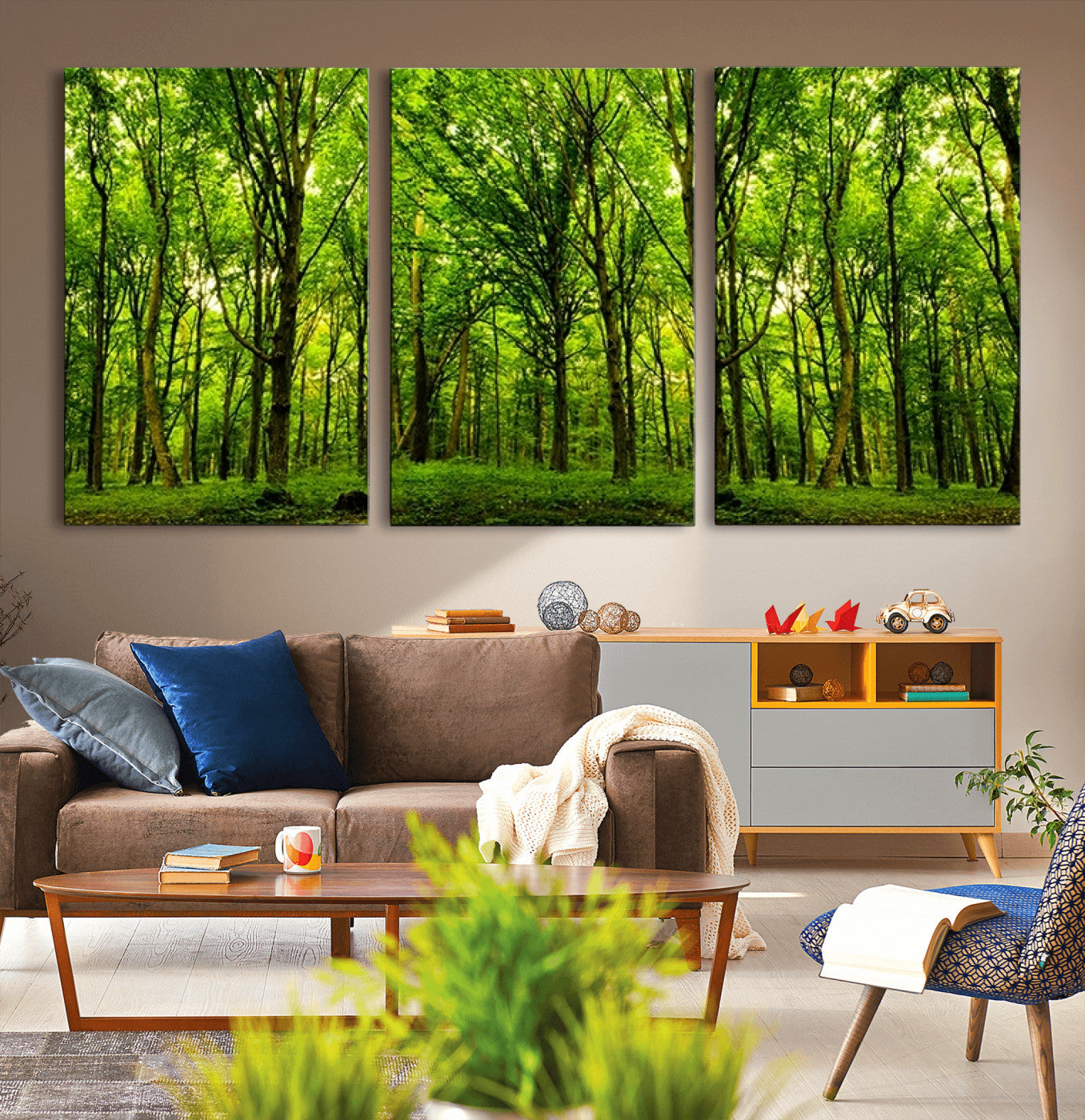 10744-MGV-CV-36X24-Lush Green Forest Canvas Print | 3-Panel Forest Wall Art | Nature Landscape for Living Room