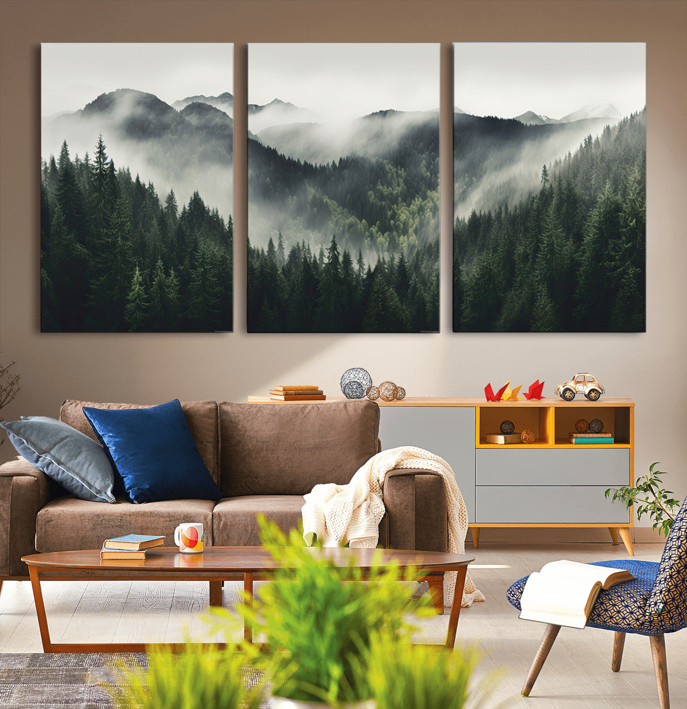 MGV-CV-60X30-3P - Misty Forest Canvas Print Wall Art Premium Canvas Print a Foggy and Serene Atmosphere