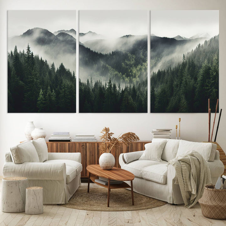 The Misty Forest Canvas Print Wall Art captures a serene misty forest scene with fog and mountains.