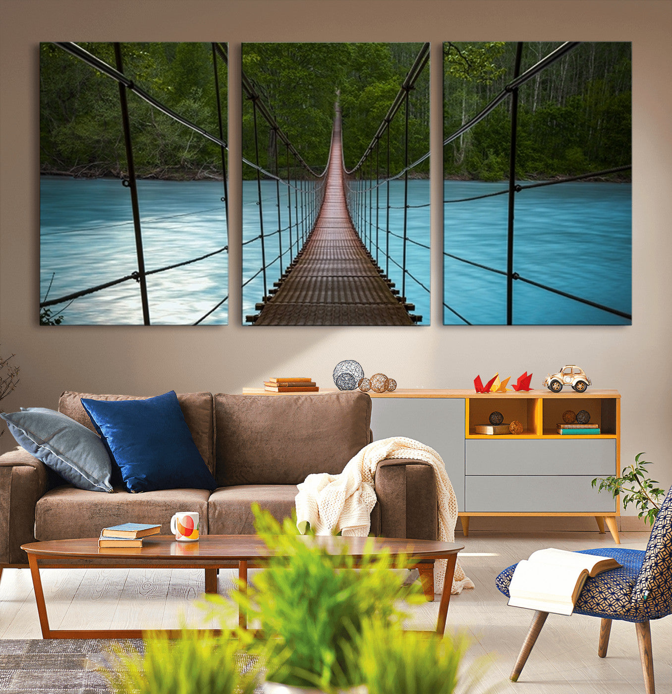 70229-MGV-CV-36X24-Suspension Bridge Over River Canvas Art | 3-Panel Nature Photography | Scenic Wall Art for Living