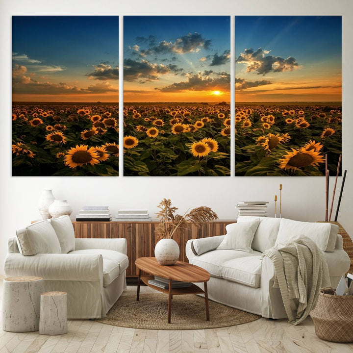 The dining area features the Sunflower Field Sunset Wall Art Canvas Print.