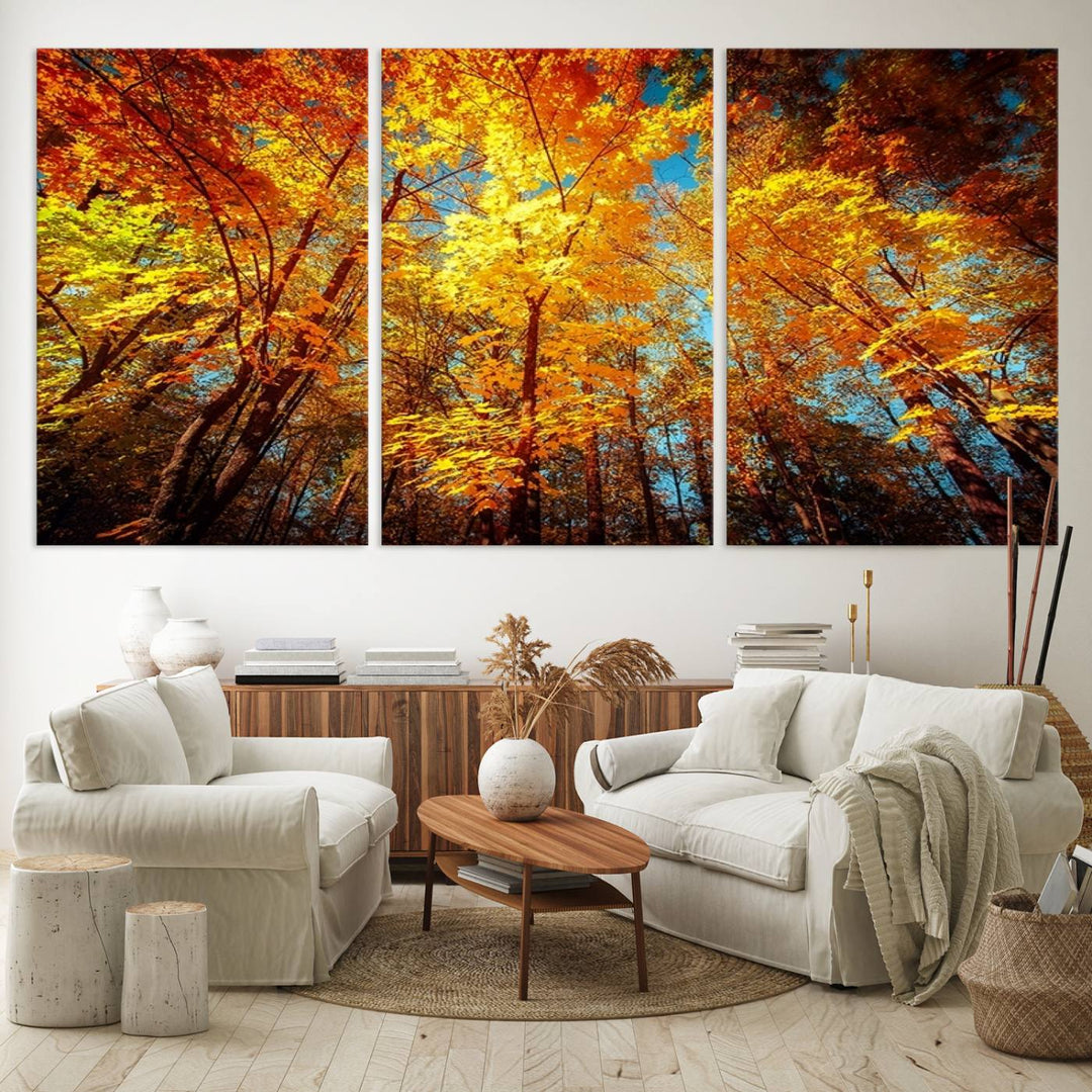 Forest View at Fall Wall Art hangs prominently, showcasing its beauty.