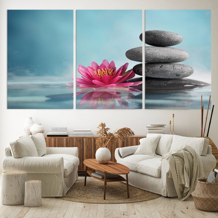 The dining room features a Zen Serenity Triptych wall art, showcasing a calming depiction of lotus flowers and balancing stones.