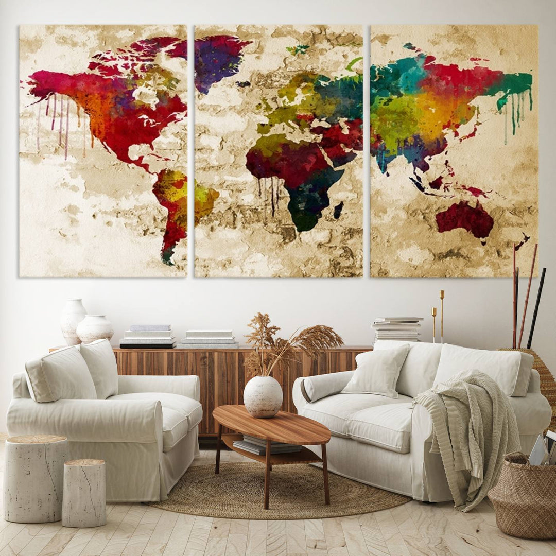 Wall Art World Map Canvas Print Rainbow Colored Vintage Style World Map