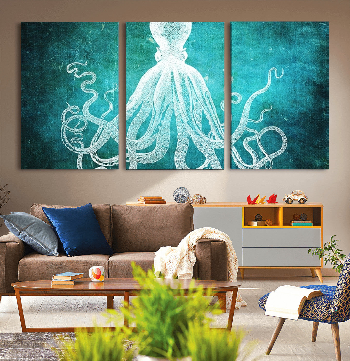 20773-MGV-CV-36X24-Green Octopus Abstract Wall Art Canvas Print