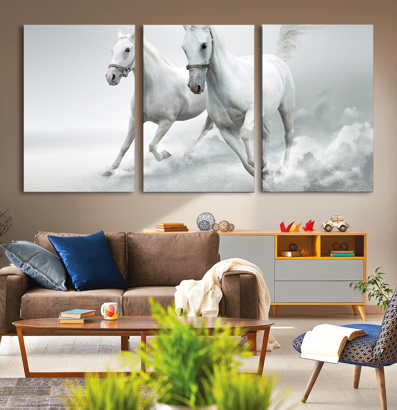 MGV-CV-60X30-3P - Large Wall Art Animal Canvas Print - Beautiful Running White Horses
