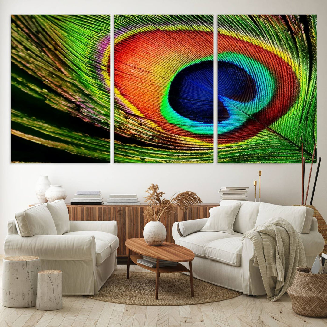 The Colorful Peacock Feather Wall Art Print graces the wall.