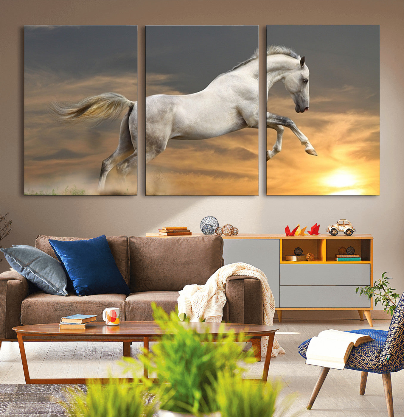 MGV-CV-60X30-3P - Large Wall Art Animal Canvas Print - White Jumping Horse at Sunset